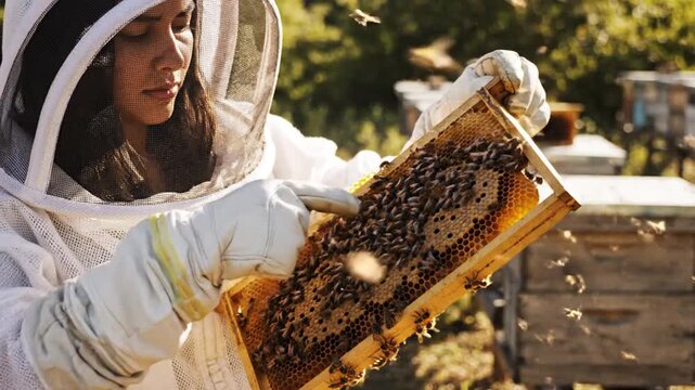 Beekeeper holds frame of honeybees and honeycomb in apiary.