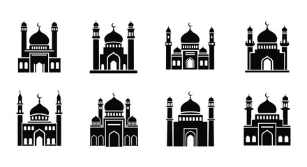 Fototapeta premium Collection of black silhouette islamic mosque building icons and designs