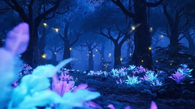 Glowing Plants in Dark Forest Scene.