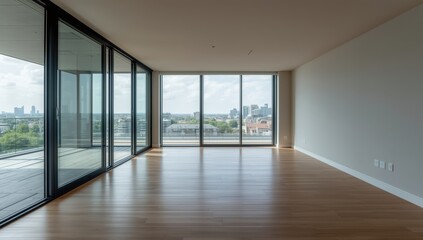 Obraz premium A vacant room featuring sliding glass doors and large windows in a new London apartment building, stock image