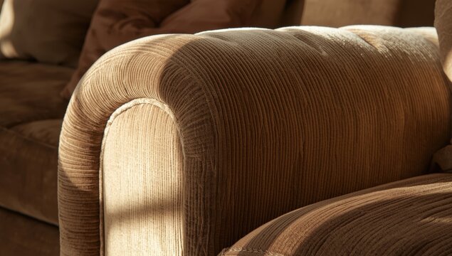 Close-up of a quilted soft beige velour sofa with armrest and pillows, featuring straight stitching in light and shadow, with space for text