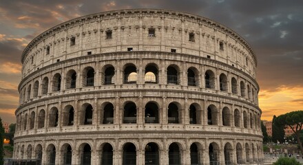 Fototapeta premium Front view of the Colosseum at sunset with dramatic clouds and historic architecture