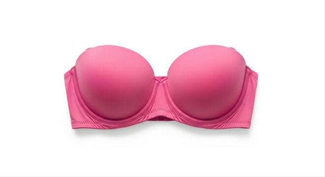 Vibrant pink strapless bra isolated on a clean white background, showcasing elegant design and smooth fabric texture