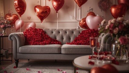 Decorated living room for Valentine's Day featuring a grey couch, roses, and heart balloons