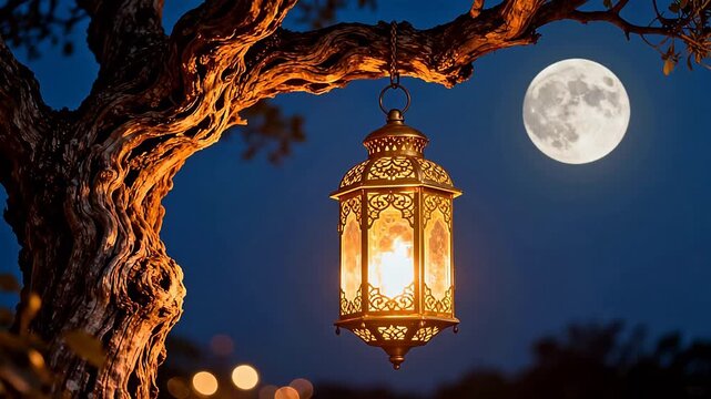 Lantern hanging from tree branch with moon