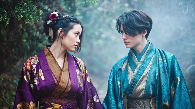 Two people in traditional kimonos outdoors