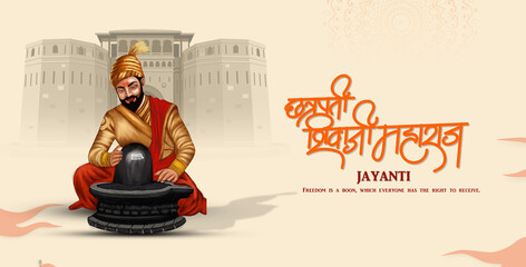 Shivaji Maharaj jayanti background with Indian Maratha warrior Shivaji Maharaj, text in hindi meaning is birthday celebration. © ganesh_502