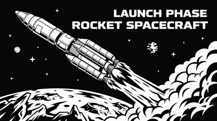 launch phase rocket spacecraft spaceship ascending from planet surface into orbit across galaxy universe with stars showing cosmic exploration mission © Ethan