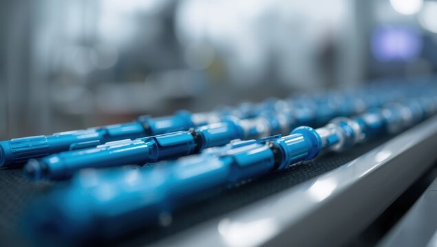 Detailed view of blue injector pens on a conveyor in a pharmaceutical factory producing weight loss meds