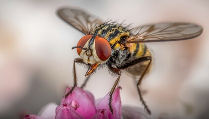 Close-up portrait of Helophilus fly. Vibrant macro shot. Blurred background. Wildlife image