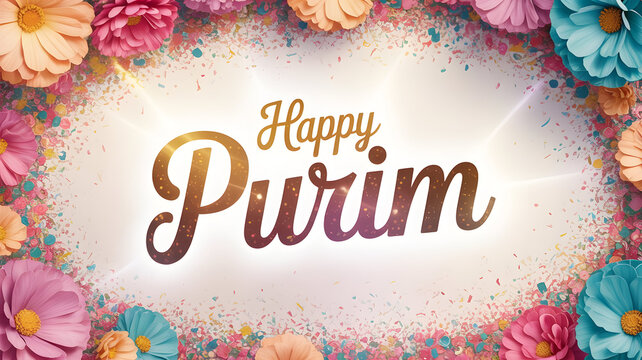 Vibrant happy purim celebration background with floral border
