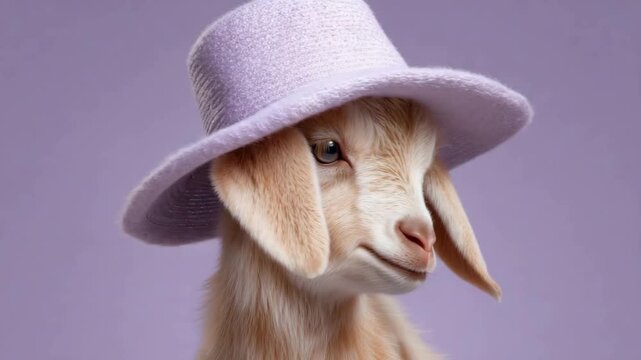 Charming Baby Goat Wearing a Lilac Hat, Stock Video