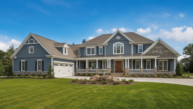 Elegant traditional American colonial house with a two-car garage, covered porch, blue vinyl siding, gray shingle roof, window accents, and stone exterior