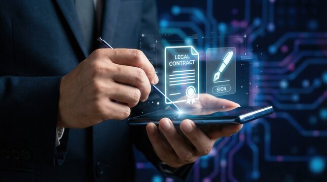 Businessman signing digital legal contract using a stylus pen on a smartphone screen with futuristic network background for electronic signature security concept.