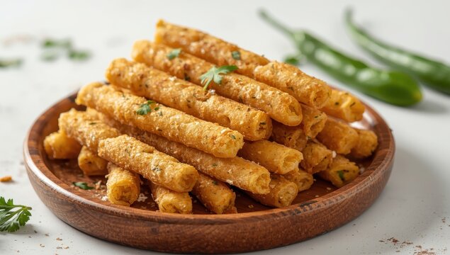 Fafda is a spicy, crispy Indian snack made from chickpea flour, belonging to the papad and farsan categories