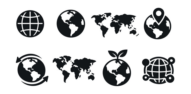 Global and Earth-themed monochromatic icons set