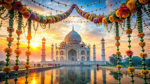 Taj Mahal decorated with colorful garlands during sunset festival.