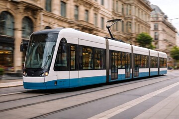 Modern tram traveling along city street with historic architecture in motion blur.