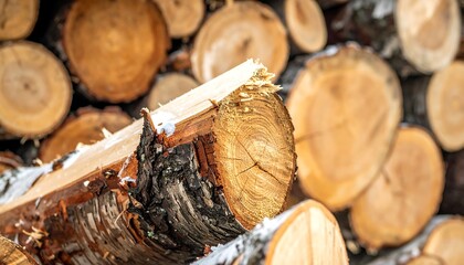 A stack of cut logs with one prominent log in the foreground