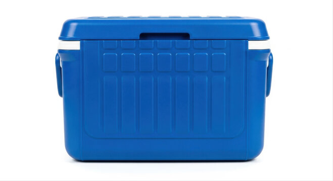 Blue cooler pack with textured surface isolated on a crisp white background, showcasing sturdy handles and a rectangular shape for outdoor adventures