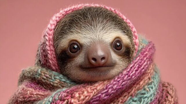 Cozy Sloth Wrapped in a Knitted Scarf Stock Video Footage