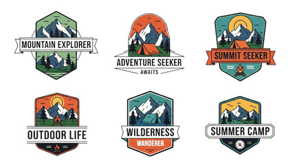 Obraz premium Collection of emblems depicting adventurous outdoor activities in mountainous terrain, featuring wilderness and summits