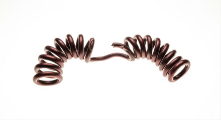 Broken metal coil with twisted ends isolated on a pristine white background, showcasing industrial wear and tear in a minimalistic composition