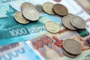 Coins and banknotes of Russian Federation ruble currency. Russia RUB money close up. Business, economy and finance concept