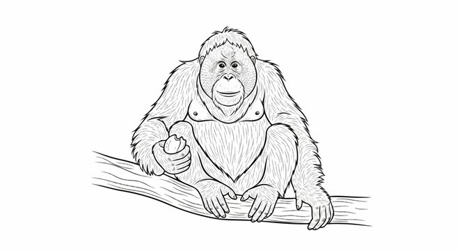A furry orangutan sits on a branch, holding a piece of fruit in its hand