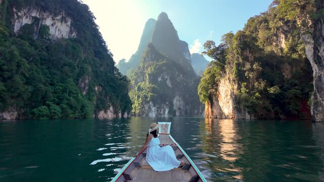 Glide through the tranquil waters of Khao Sok, Thailand, with majestic limestone cliffs rising above. Experience the natural beauty and serenity of this hidden gem during your journey.