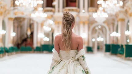 Naklejka premium A stunning image capturing a graceful woman in an elegant white gown, standing in a grand ballroom with ornate chandeliers, exuding sophistication and timeless beauty.