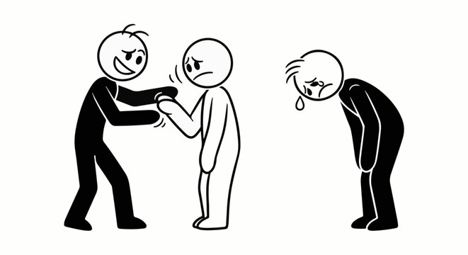 A happy figure intimidates a sad figure, another cries
