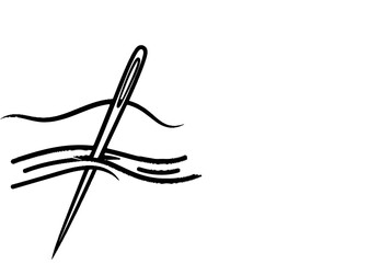A minimalist illustration of a needle piercing through fabric lines