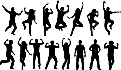 Silhouettes of diverse young people jumping dancing and posing in joyful celebration expressive body language for party and success concepts © Natasha Laura 