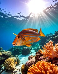 A vibrant orange fish swims near a coral reef under sunlit blue waters