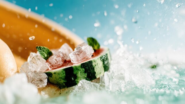 A dynamic splash of diced watermelon over ice cubes, accented with fresh mint leaves, evoking feelings of refreshment, summer delight, and invigorating taste experiences.