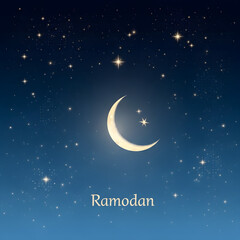 Fototapeta premium Moonlit Ramadan: A celestial scene unfolds with a serene crescent moon and stars twinkling against a deep night sky, evoking a sense of tranquility.