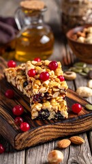 A wooden board with granola bars and nuts on a rustic table