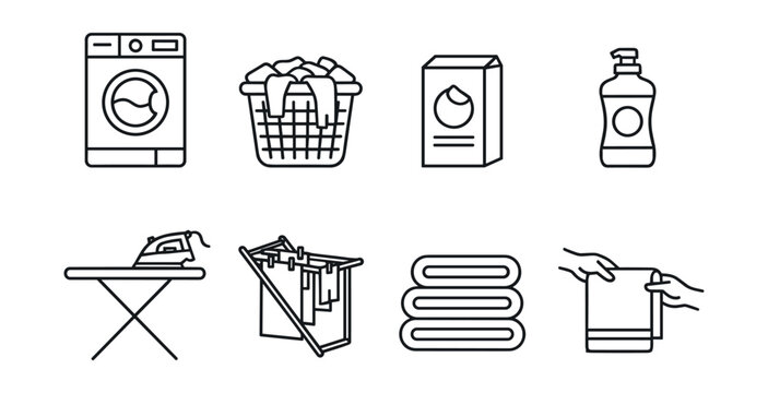 Laundry and cleaning line icons set