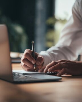 Close view of hands writing in notebook beside computer during work or study at desk.