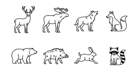 Fototapeta premium Animal black and white line drawings set