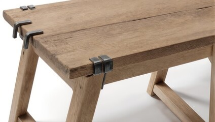 Rustic Wooden Bench with Metal Brackets - Close-Up Detail.