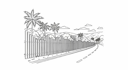 A sketched road curves past a wooden fence with palm trees and distant hills