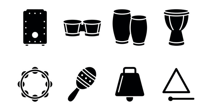 Percussion instruments silhouette icons set