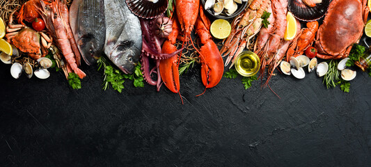 Seafood Market Banner: Fish, shellfish, crustaceans, lobster and octopus on slate black table. Free space for text or design. © Yaruniv-Studio