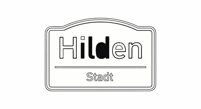 A simple outline drawing of a sign with the word "Hilden" above "Stadt" in German