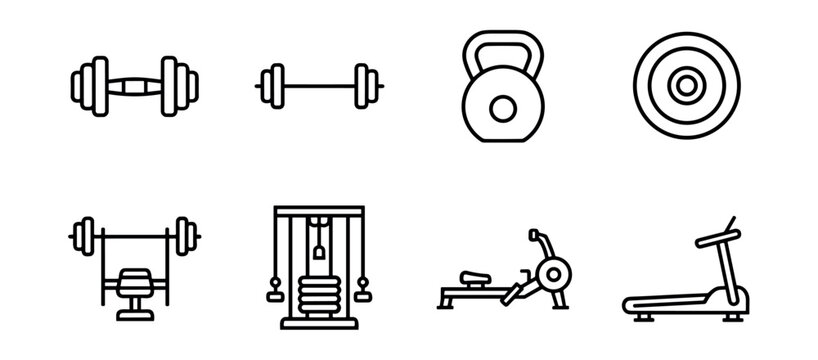 Gym equipment line icons set