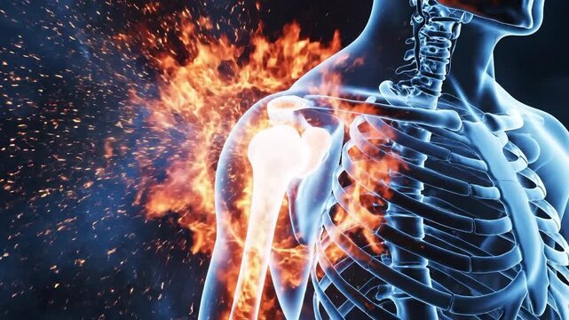 Human skeletal visualization showing shoulder pain and inflammation, suitable for medical presentations, health articles, chiropractic clinics, and physical therapy websites.