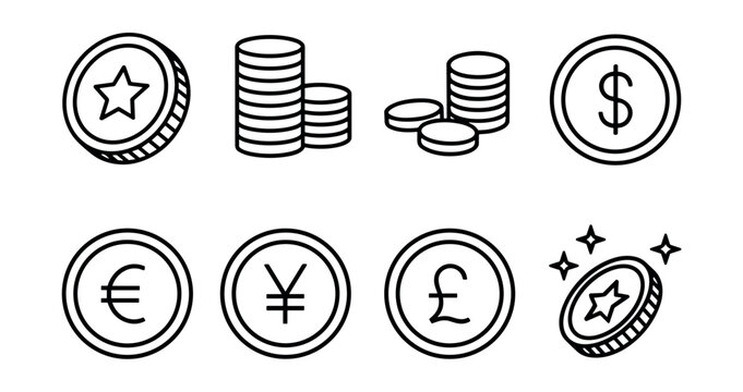 Coin and Currency Symbol Outline Icons Set