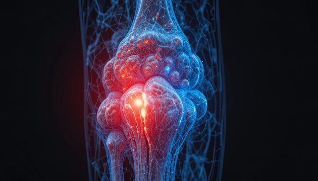 Glowing red and blue 3D illustration of a human joint with inflamed synovial fluid